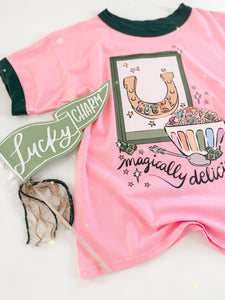 LUCKY • ringer tees (women + kids) pink + green