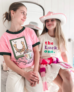 LUCKY • ringer tees (women + kids) pink + green