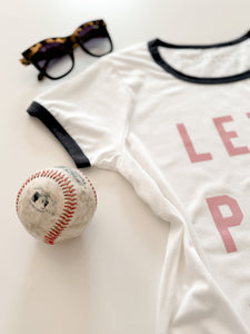 LET'S PLAY BALL • women's ringer tee (peony ink)