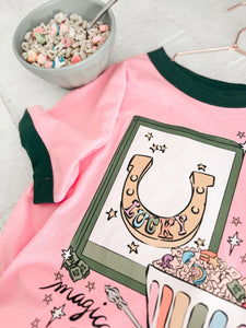 LUCKY • ringer tees (women + kids) pink + green