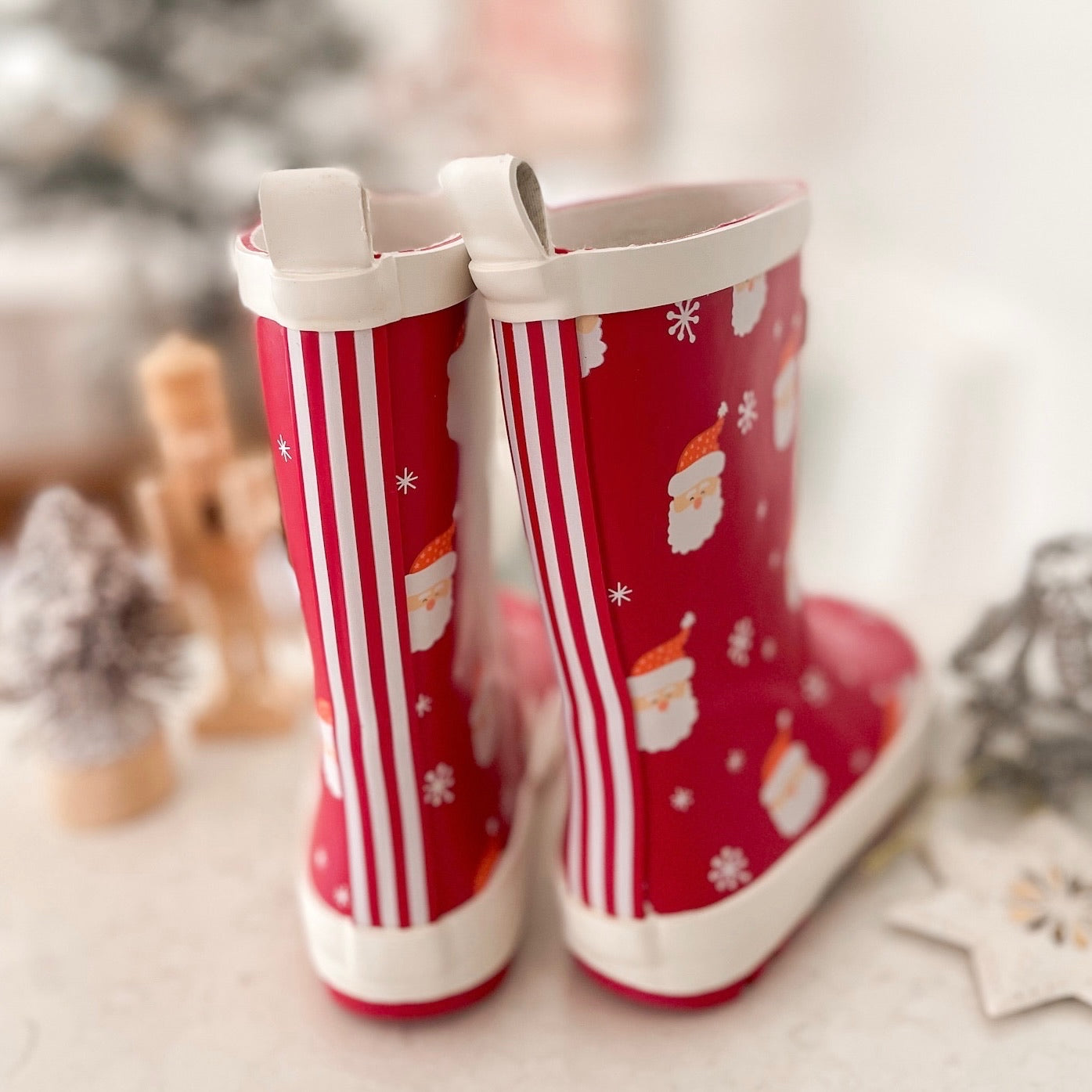 Festive Kids Rain Boots with Santa-inspired Decorations