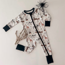 Load image into Gallery viewer, HALLOWEEN ZOO BOO • baby zipper pjs (one-piece)
