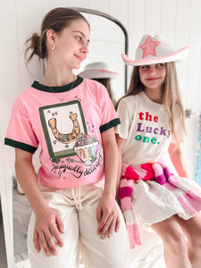 LUCKY • ringer tees (women + kids) pink + green