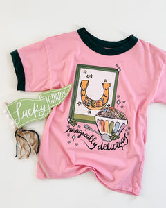 LUCKY • ringer tees (women + kids) pink + green