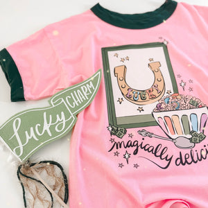 LUCKY • ringer tees (women + kids) pink + green