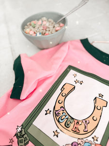 LUCKY • ringer tees (women + kids) pink + green